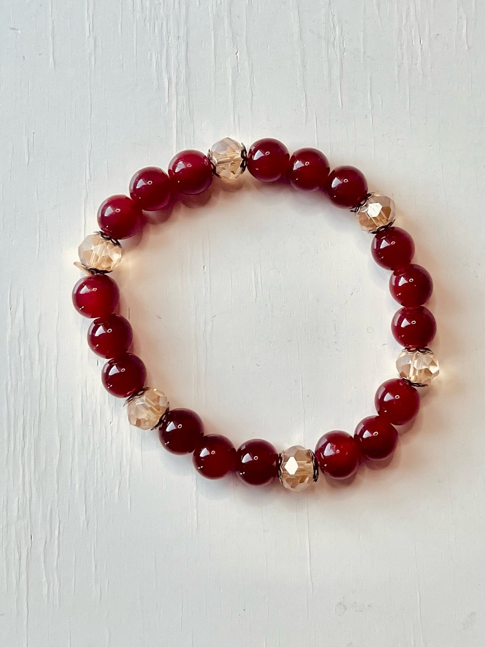 Deep Red Carnelian Style Bead Bracelet Champagne Crystal Accent Stretch- NWOT